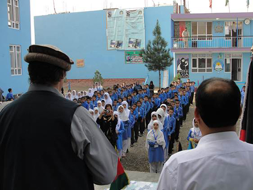 Greg Mortenson addressing CAI schoolchildren in Kabul, Afghanistan, All Rights Reserved, Skyline Ventures Productions